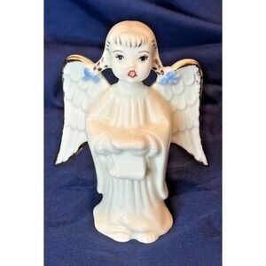 Vintage Mid Century Ceramic Choir Angel Figurine Pigtails White Gold 4.75"